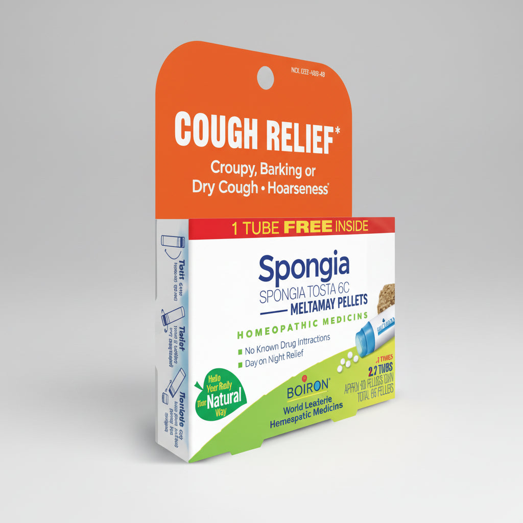 Spongia Meltaway Pellets packaging for cough relief on a white background
