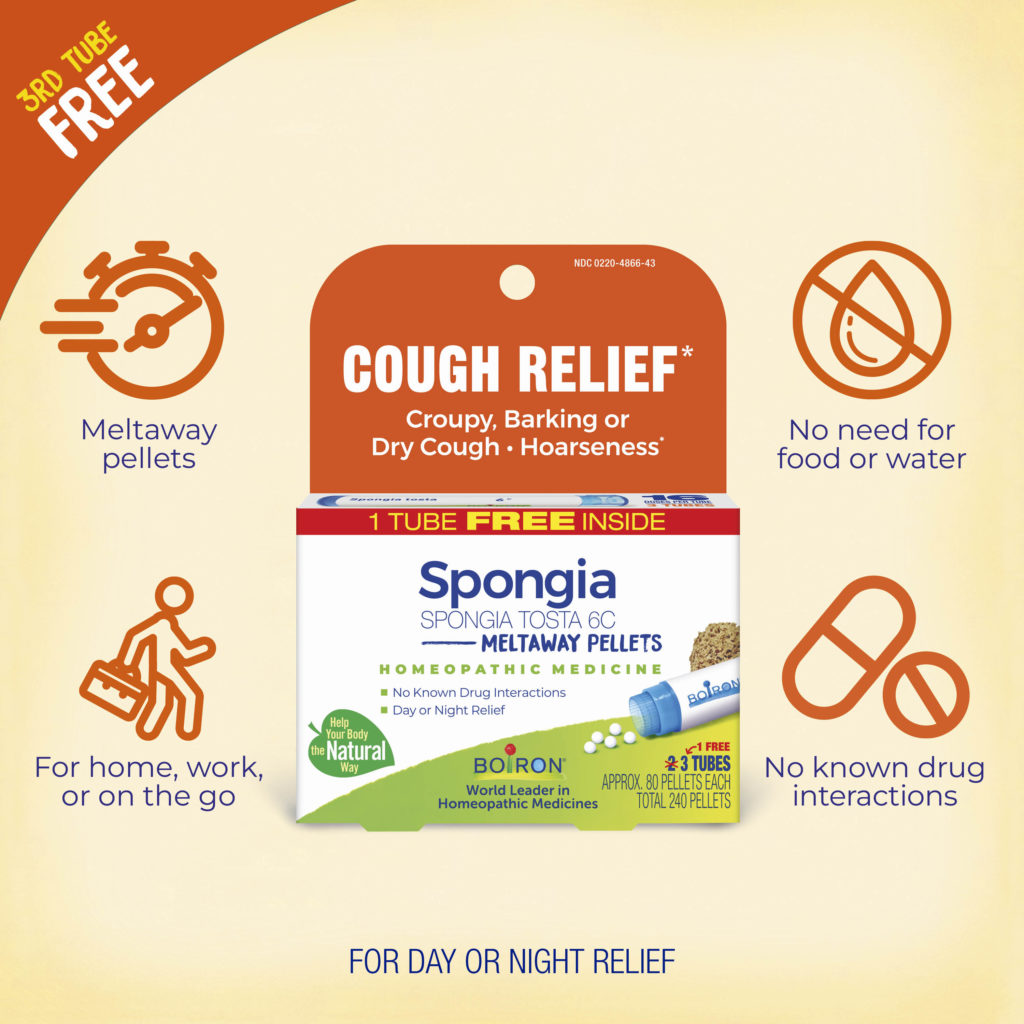 Spongia Spongia Tosta Bo Homeopathic Medicine packaging with cough relief text and features on a gradient background.