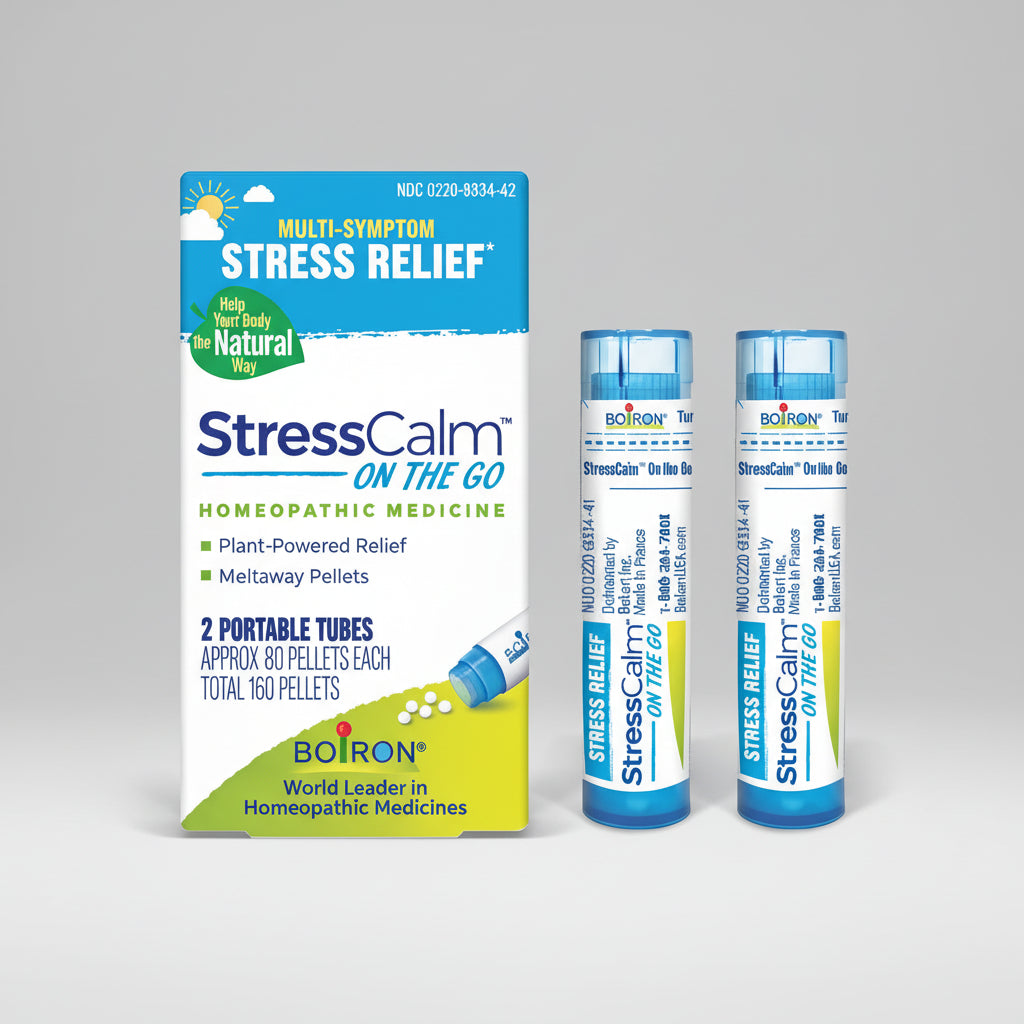 Boiron StressCalm on the Go homeopathic medicine packaging with two portable tubes.