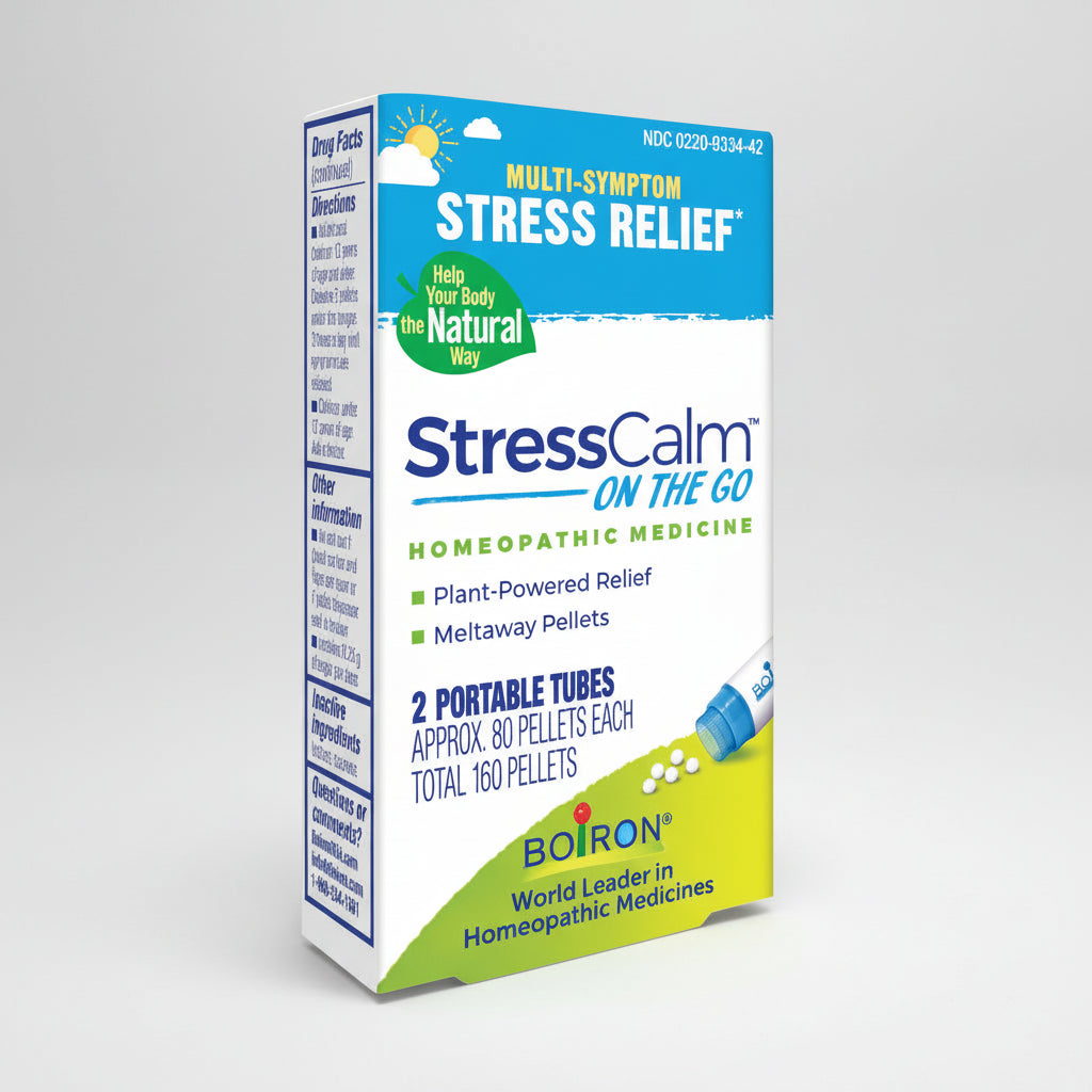 Box of StressCalm On The Go stress relief product by Boiron on a white background