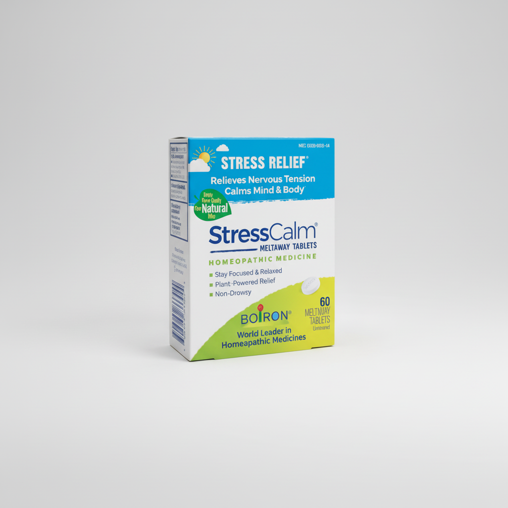 Box of StressCalm Meltaway Tablets by Boiron on a white background