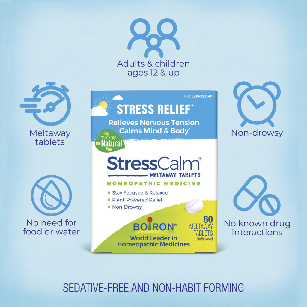Boiron Stress Calm homeopathic medicine packaging with features on a light blue background