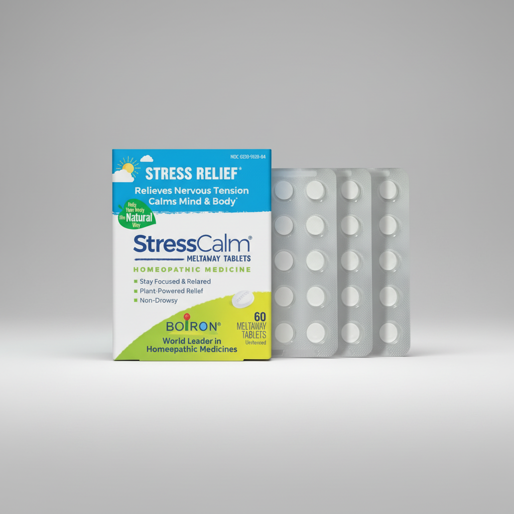 Stress Calm homeopathic medicine packaging with tablets on a white background