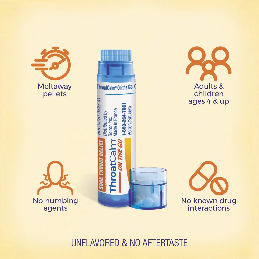 Throat relief product with features listed on a gradient background