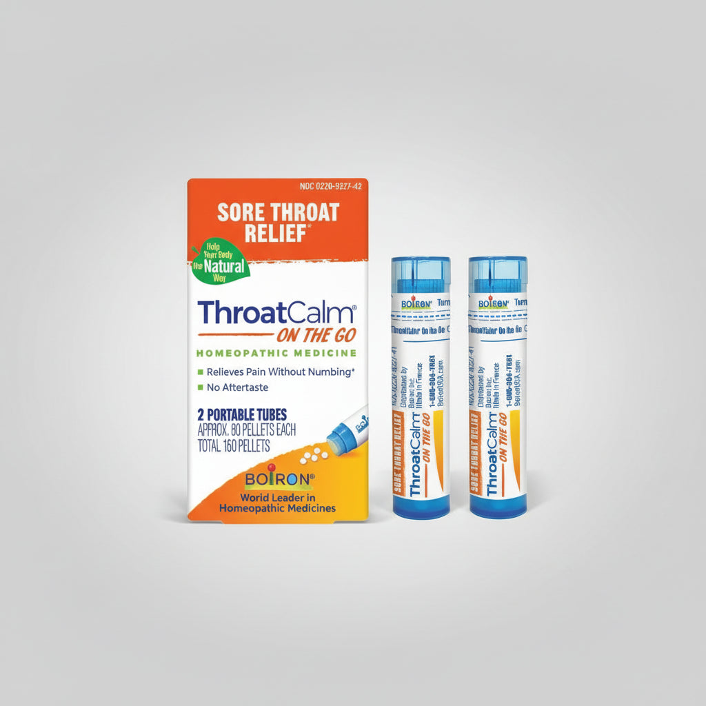 ThroatCalm on the Go packaging with two portable tubes on a white background