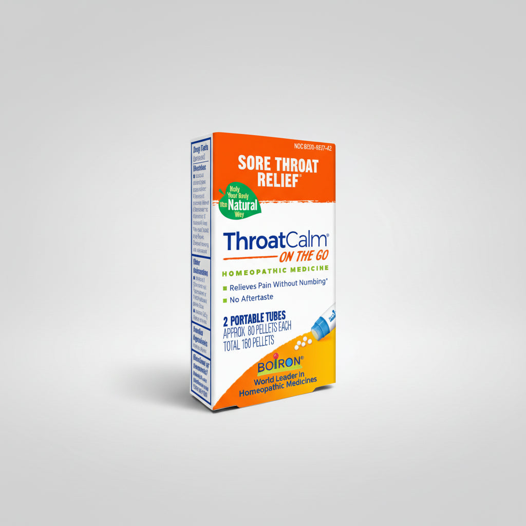 ThroatCalm on the Go sore throat relief packaging with Boiron branding.