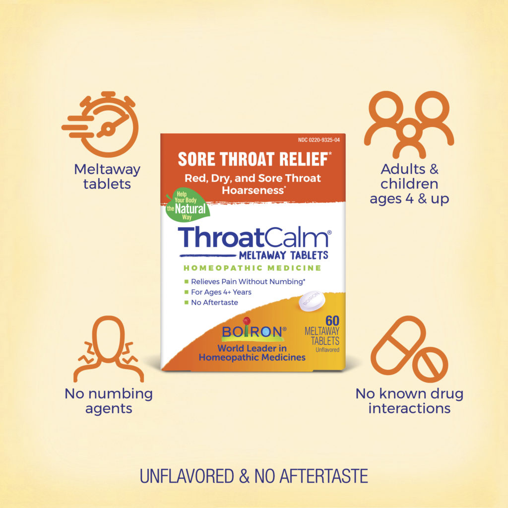 Boiron ThroatCalm Meltaway Tablets packaging on a beige background with product features highlighted.