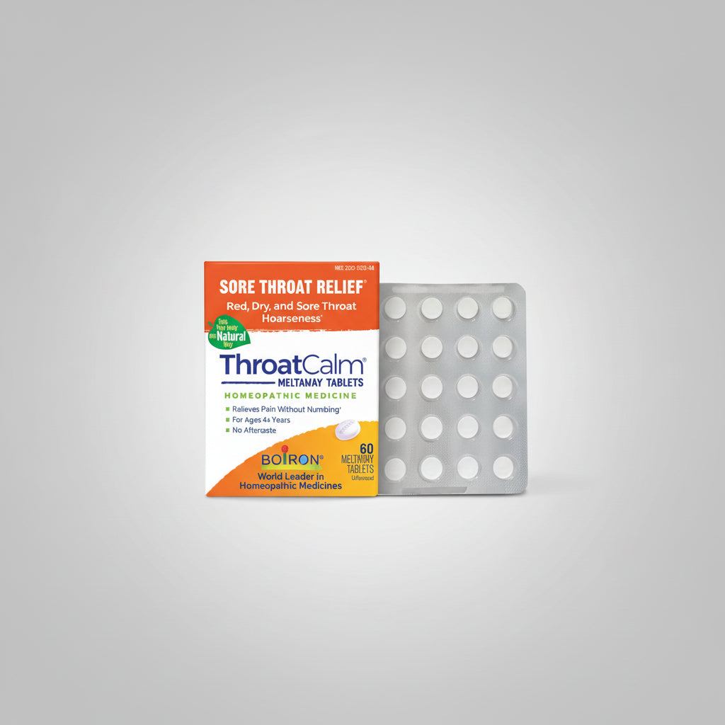 ThroatCalm meltaway tablets packaging with tablets on a white background