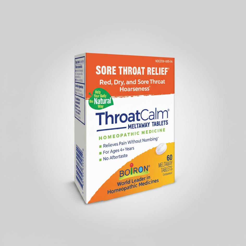 Box of ThroatCalm Meltaway Tablets for sore throat relief on a white background