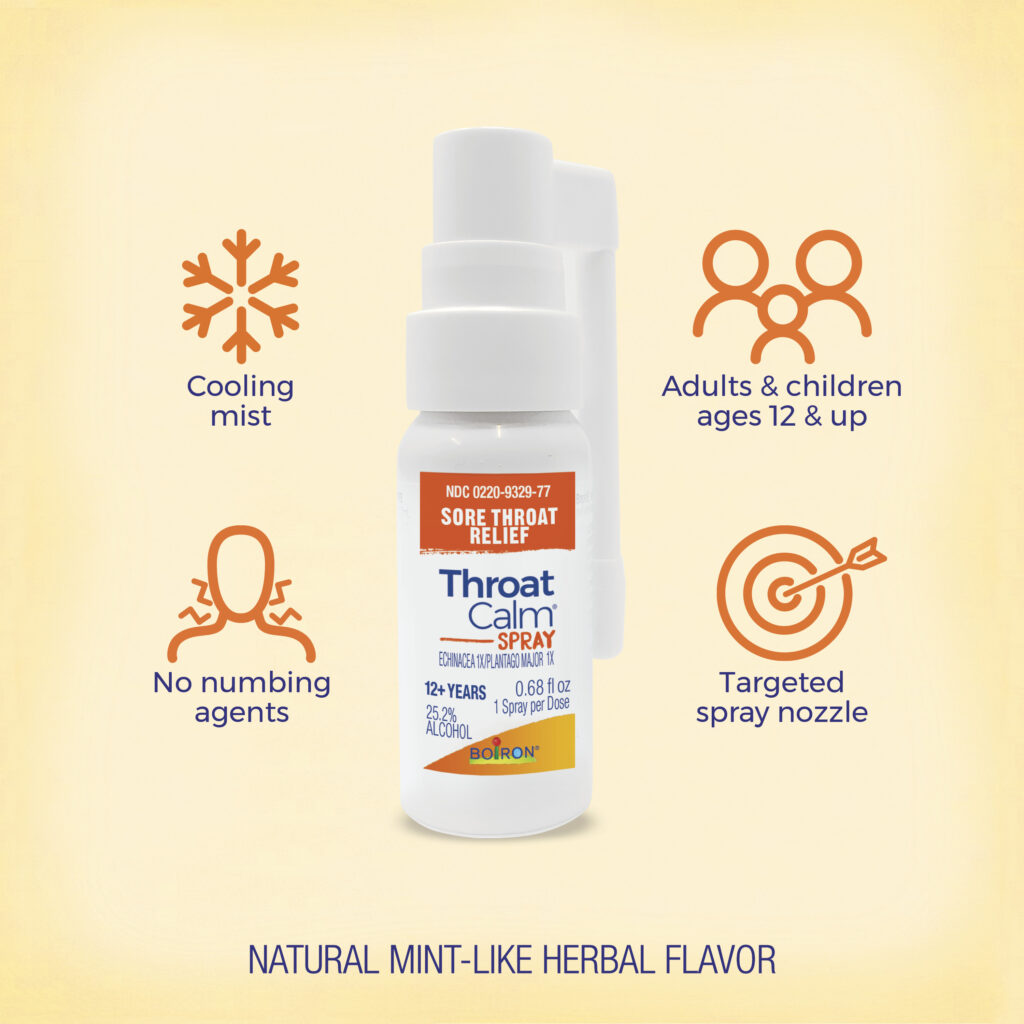 Throat spray bottle with features on a yellow background