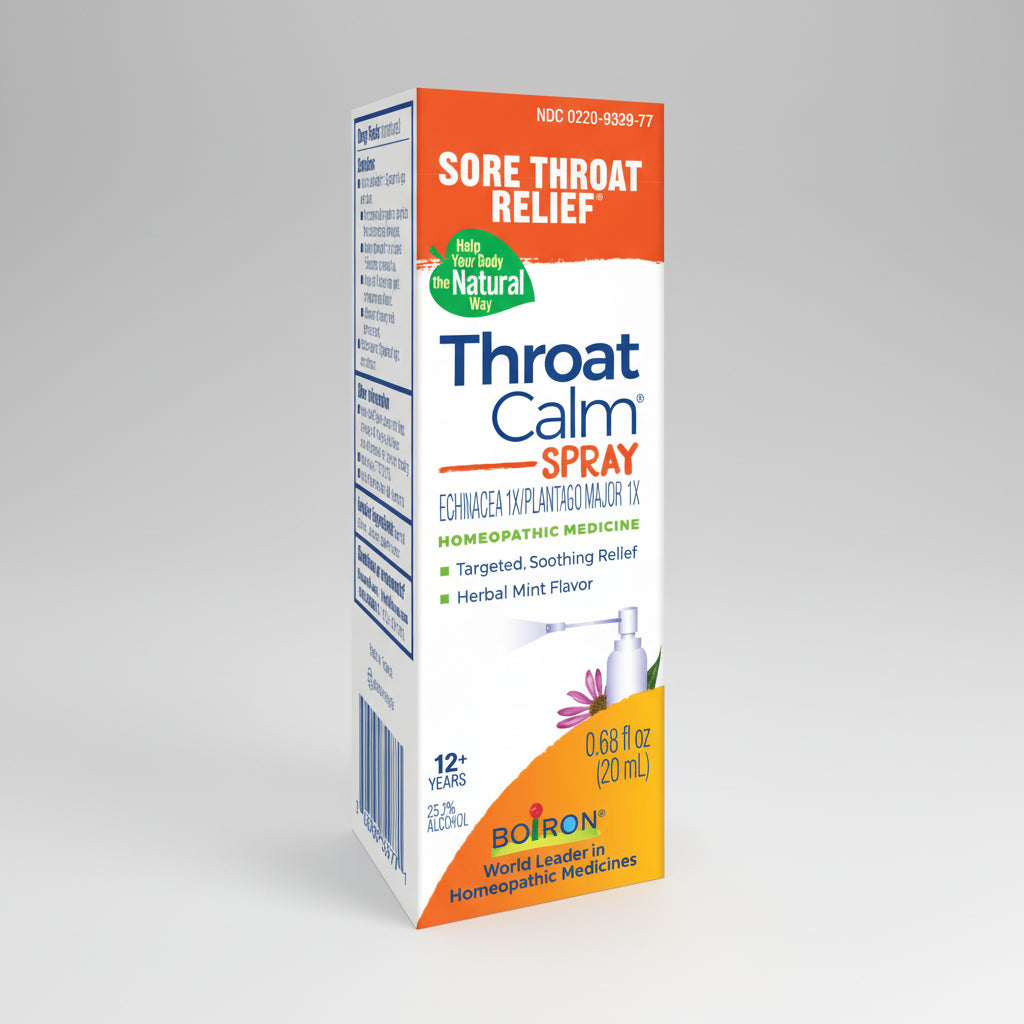Box of Throat Calm Spray for sore throat relief on a white background