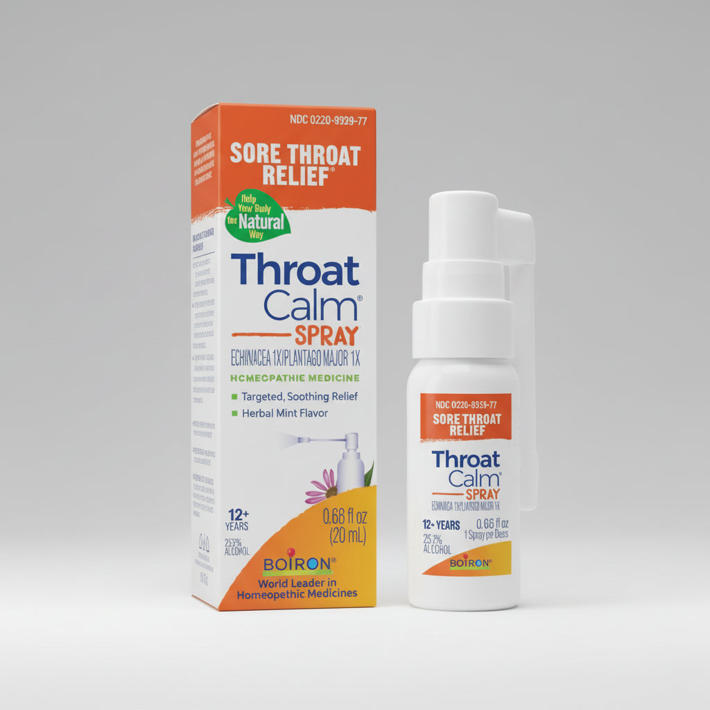 Boiron Throat Calm spray packaging on a white background