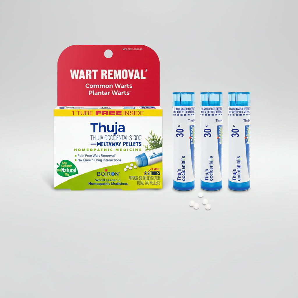 Boiron Thuja Occidentalis 30c homeopathic wart removal product packaging on a white background