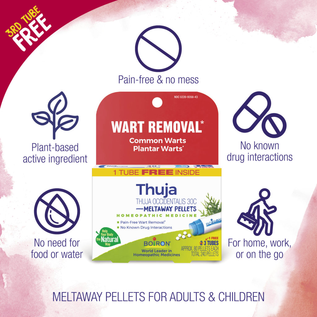 Boiron Thuaia Wart Removal product with features listed on a pink and white background