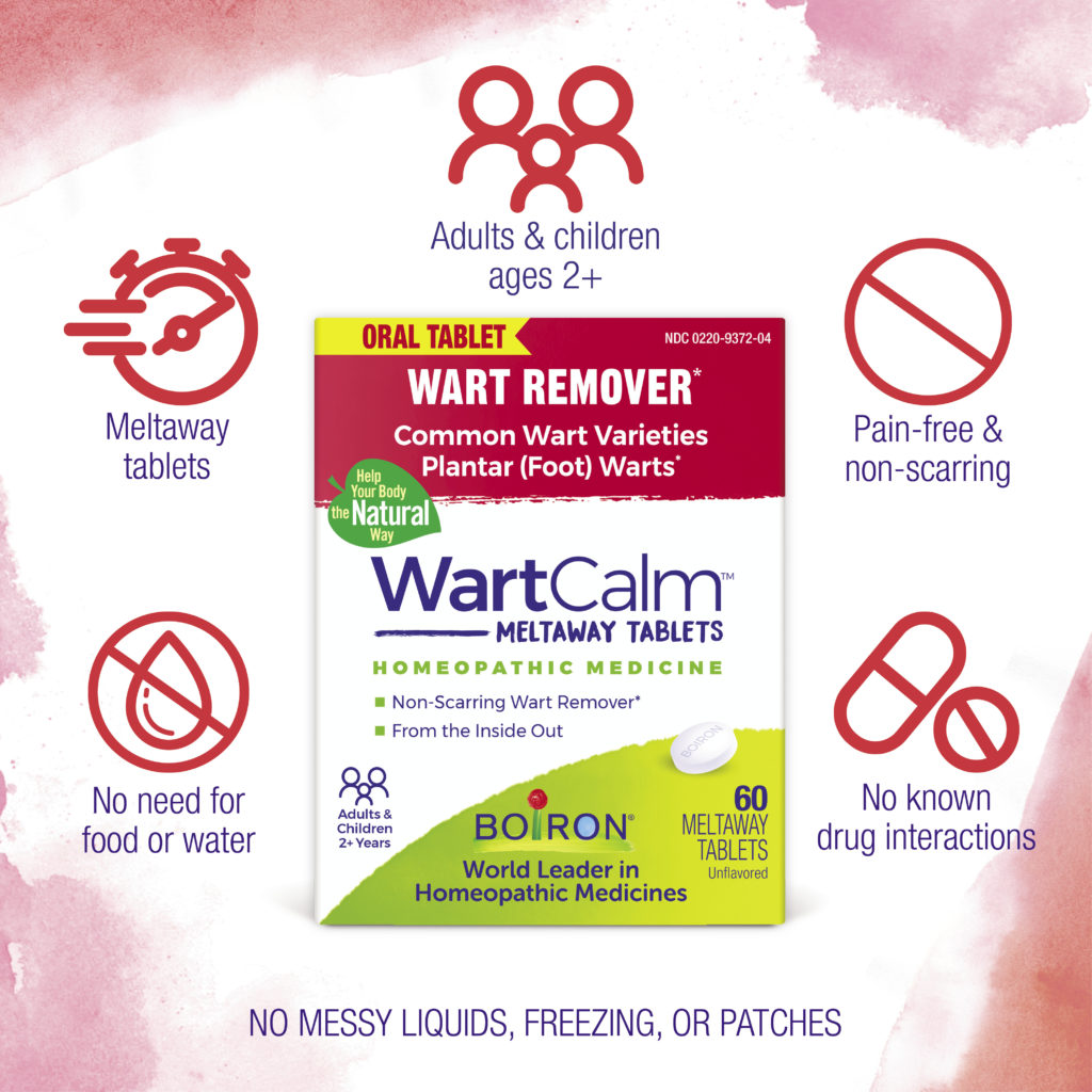 WartCalm homeopathic wart remover packaging with Boiron branding on a pink watercolor background.