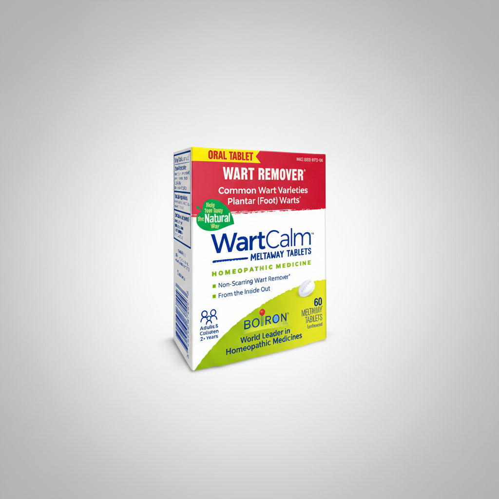 Box of WartCalm Meltaway Tablets for wart remover on a white background
