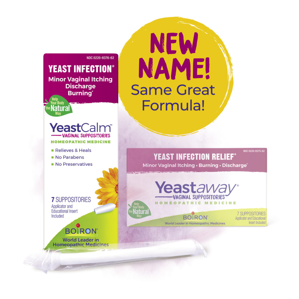 Two packages of YeastCalm and Yeastaway with a 'New Name! Same Great Formula!' label on a white background.