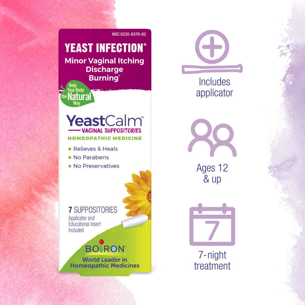 YeastCalm Vaginal Suppositories packaging with Boiron branding on a colorful background