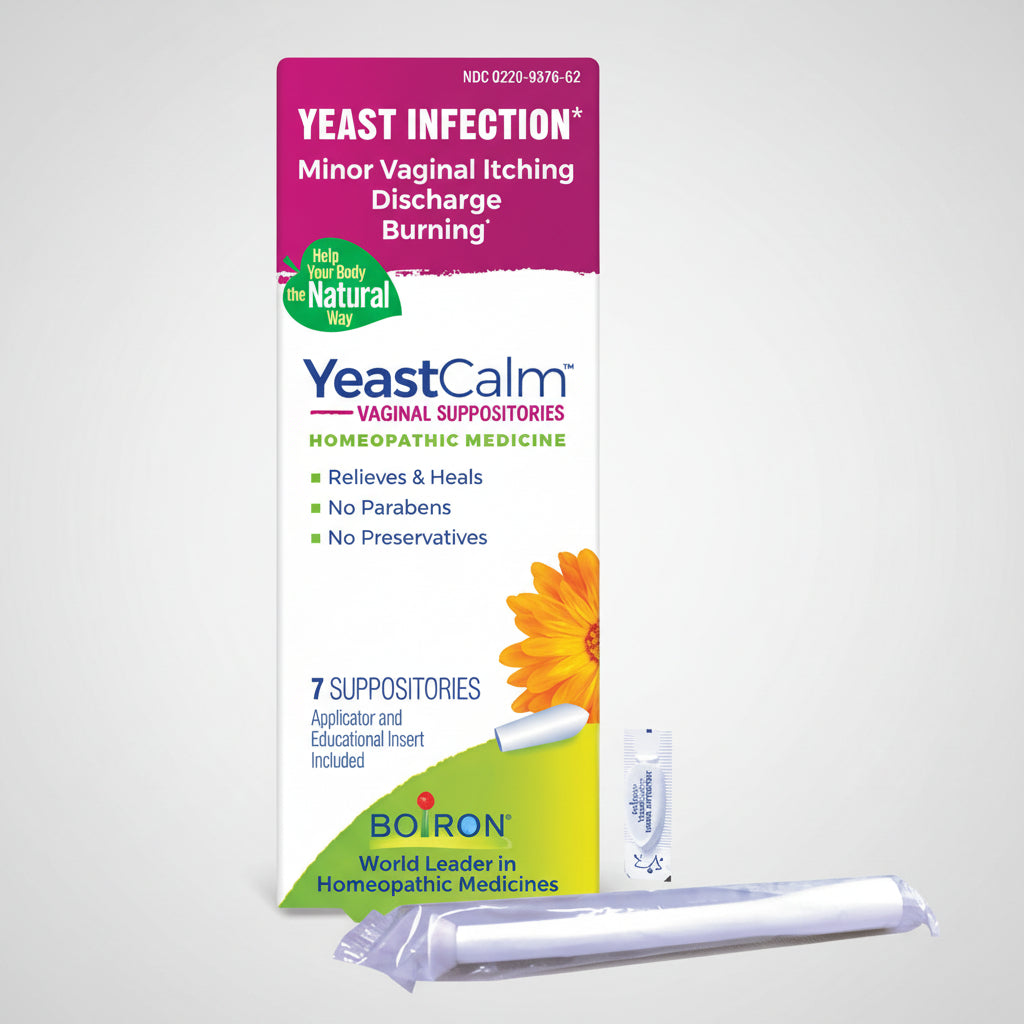 YeastCalm vaginal suppositories packaging with applicator on a white background