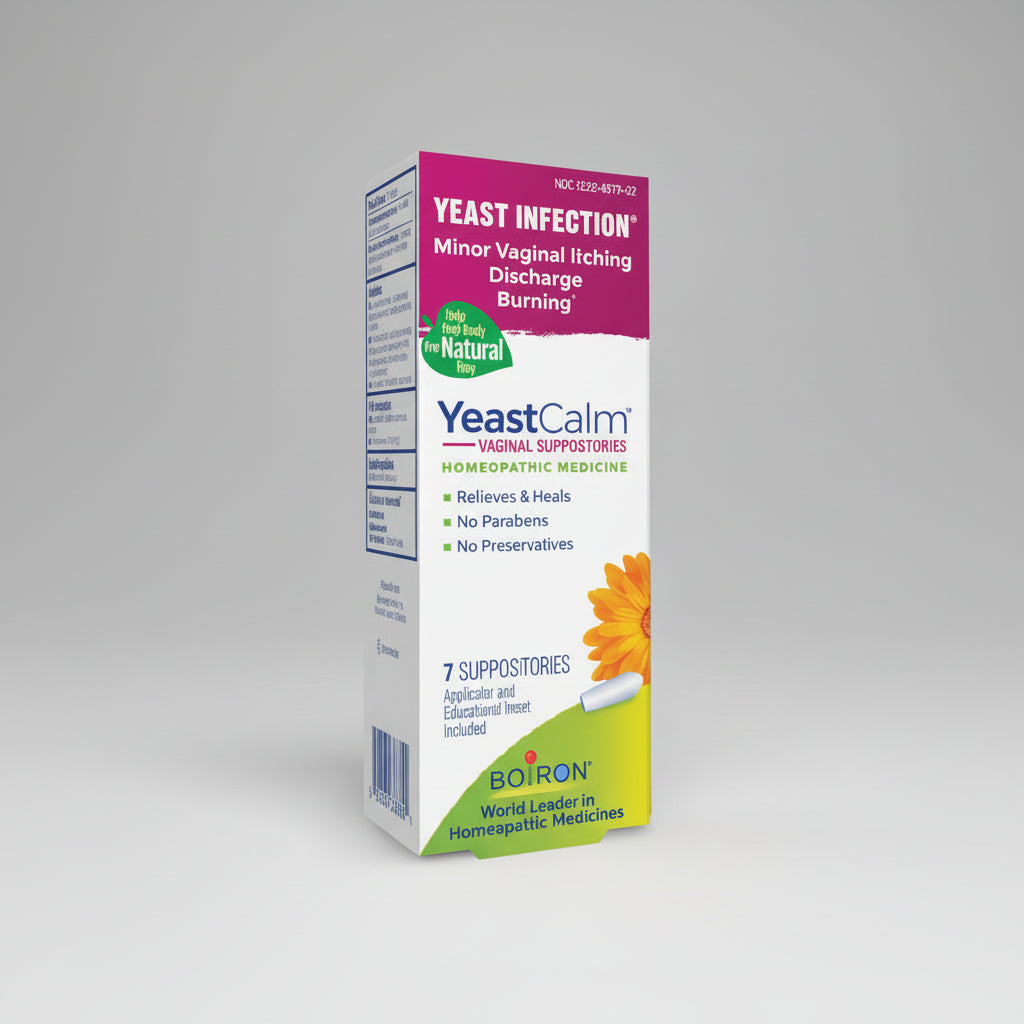 Box of YeastCalm Vaginal Suppositories with Boiron branding on a white background