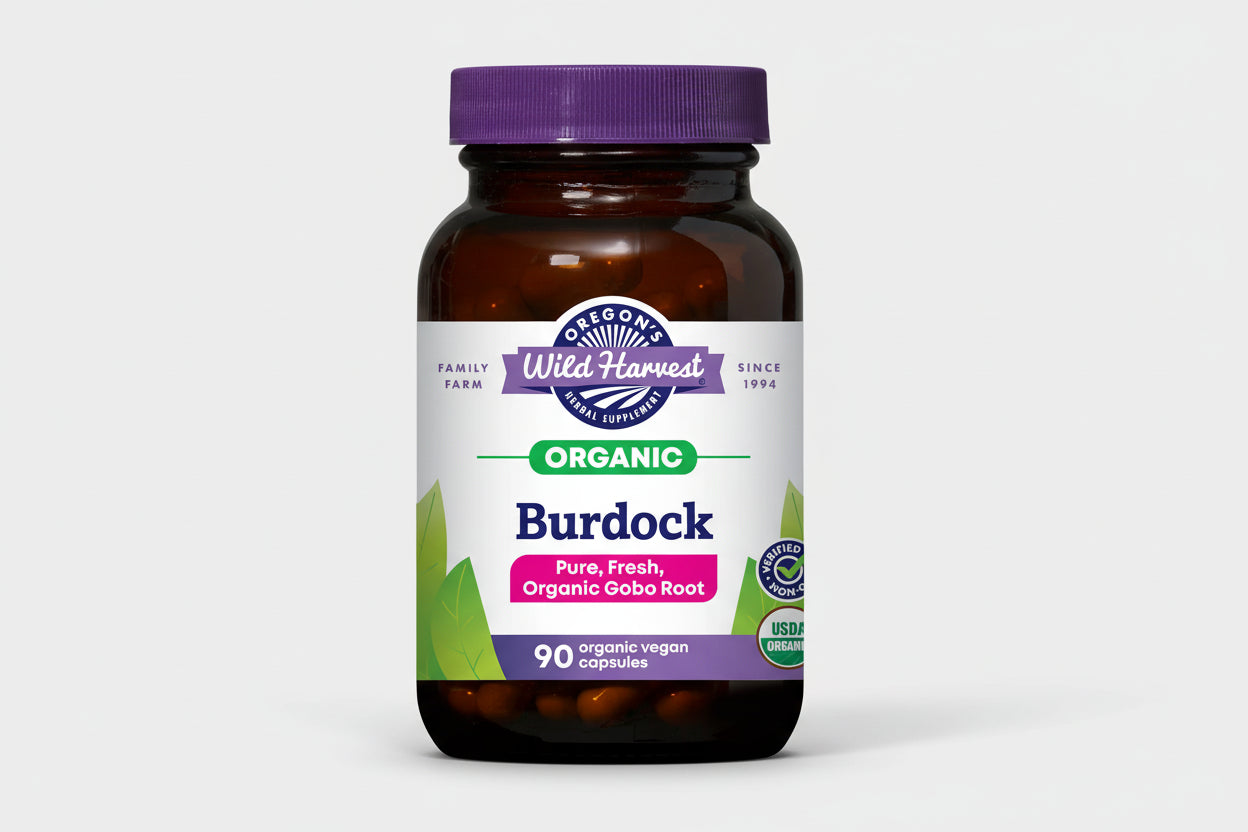 Bottle of Oregon's Wild Harvest Organic Burdock capsules with a purple cap.
