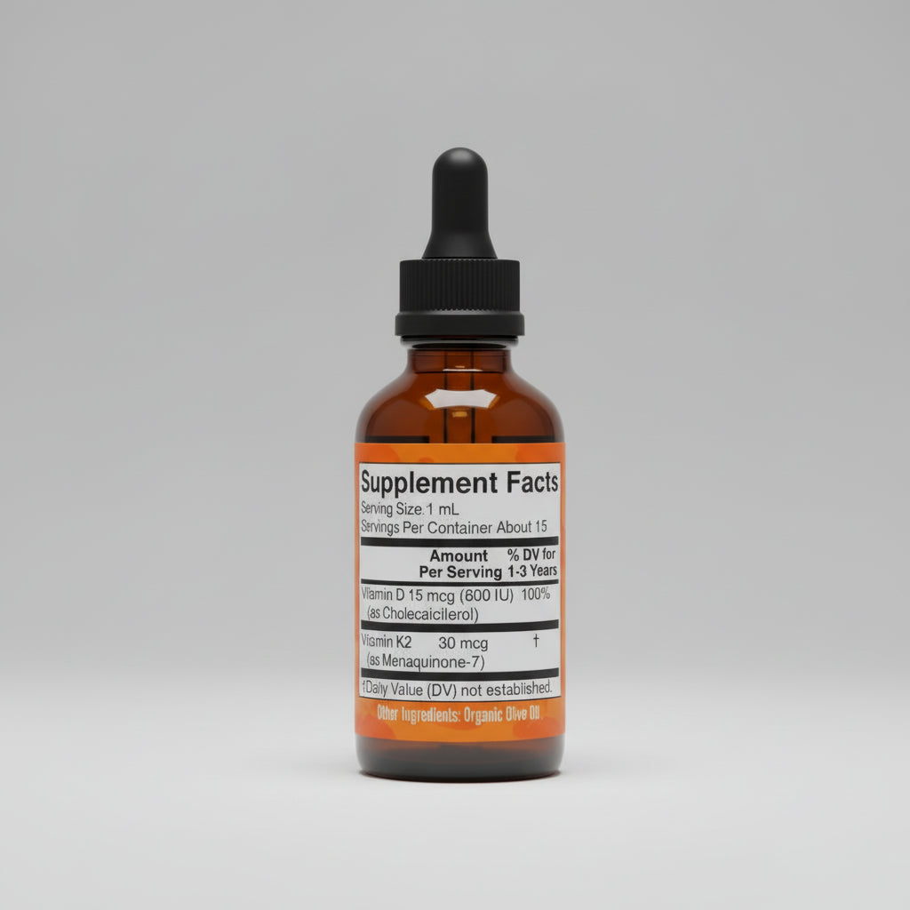 Supplement facts label with vitamins D and K2 on an orange background