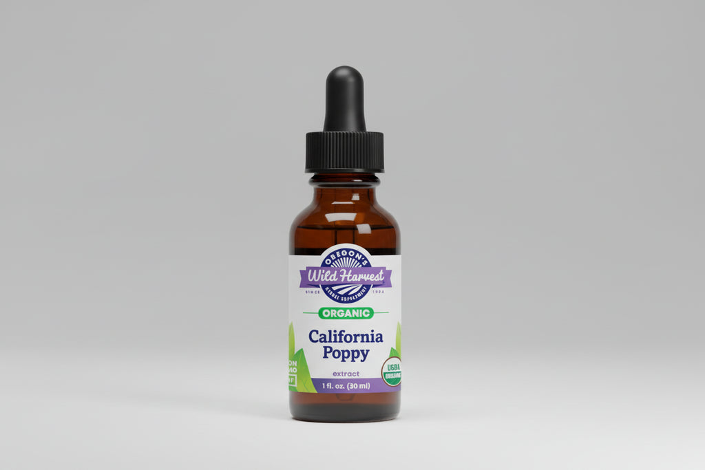 Bottle of Oregon's Wild Harvest California Poppy extract on a white background