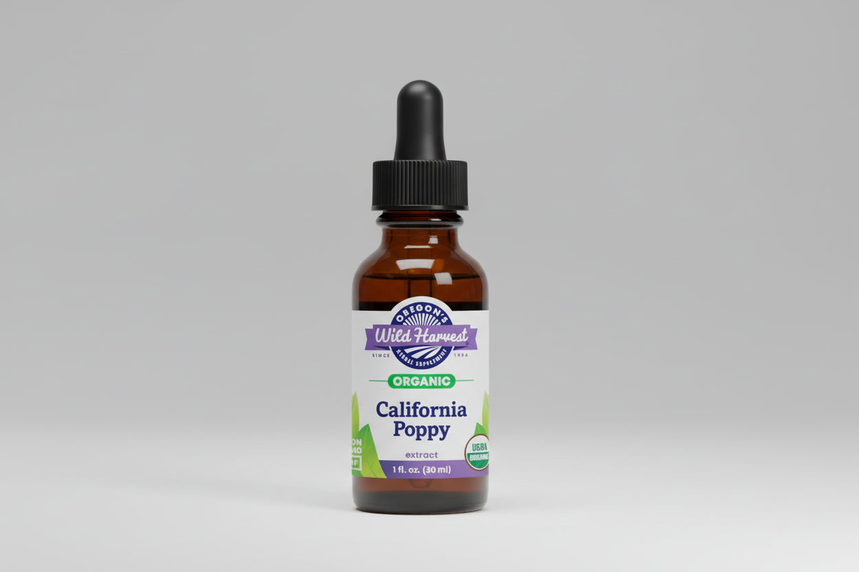 Bottle of Oregon's Wild Harvest California Poppy extract on a white background