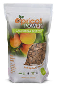 Bag of apricot power with apricot imagery on a white background
