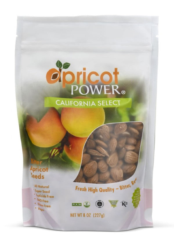 Bag of apricot seeds with 'Apricot Power' branding on a white background