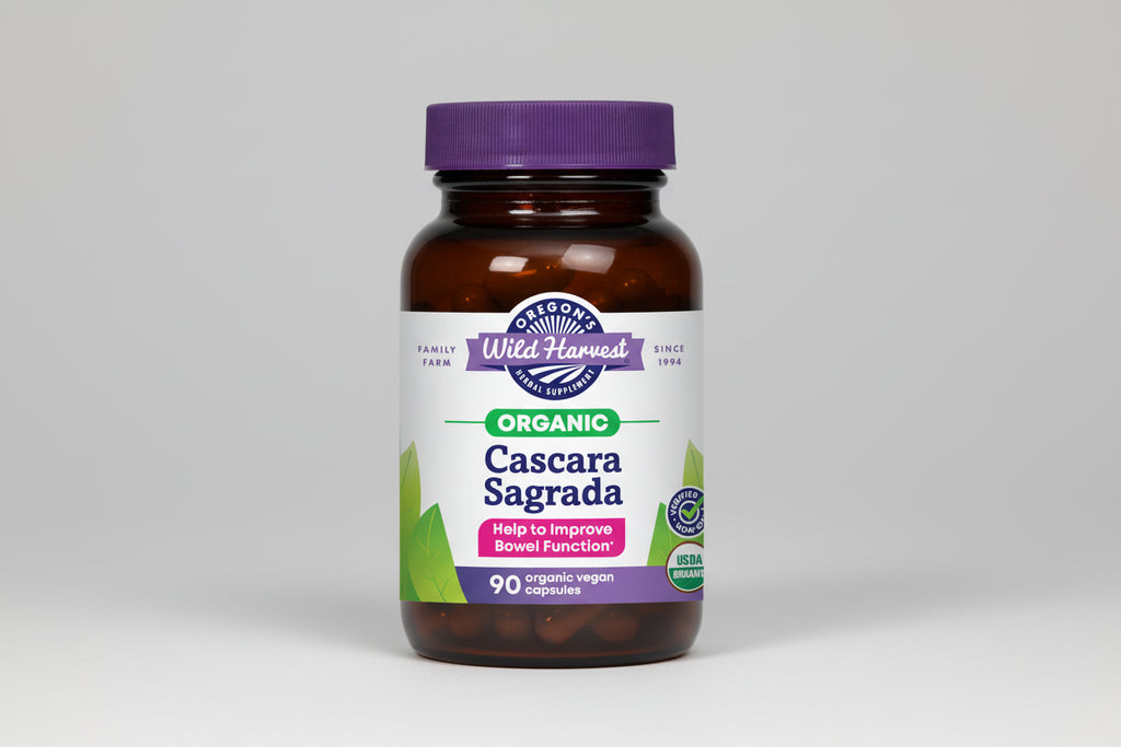 Oregon's Wild Harvest Cascara Sagrada supplement bottle with purple cap and white label.
