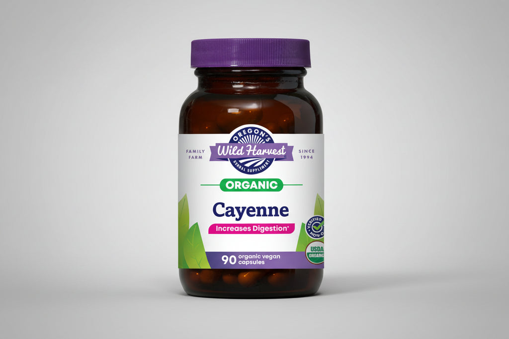 Oregon's Wild Harvest Organic Cayenne supplement bottle with purple cap