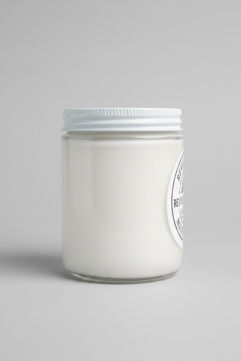 Jar of white powder on a wooden surface with a textured wall background