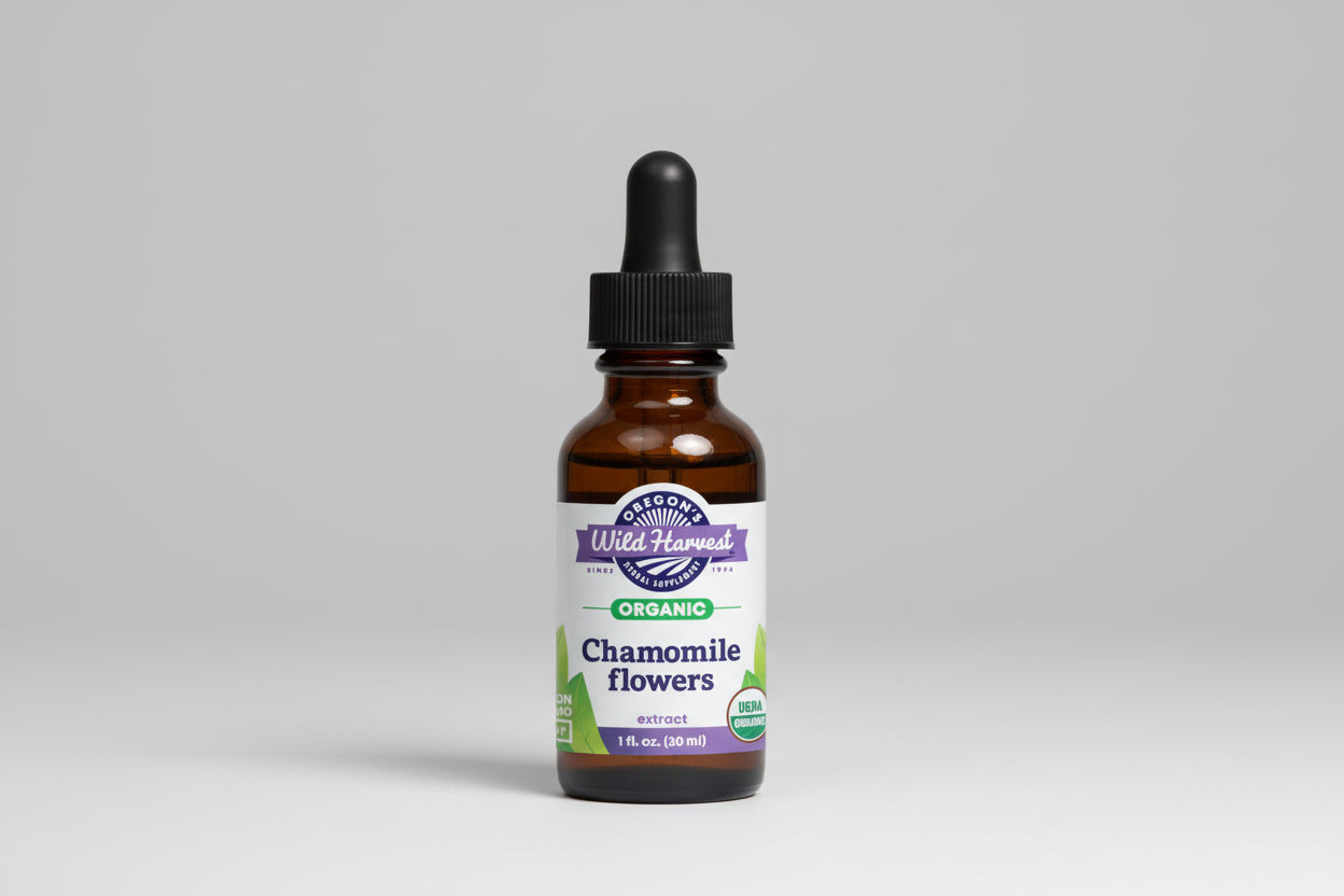 Bottle of Oregon's Wild Harvest Chamomile flowers extract on a white background