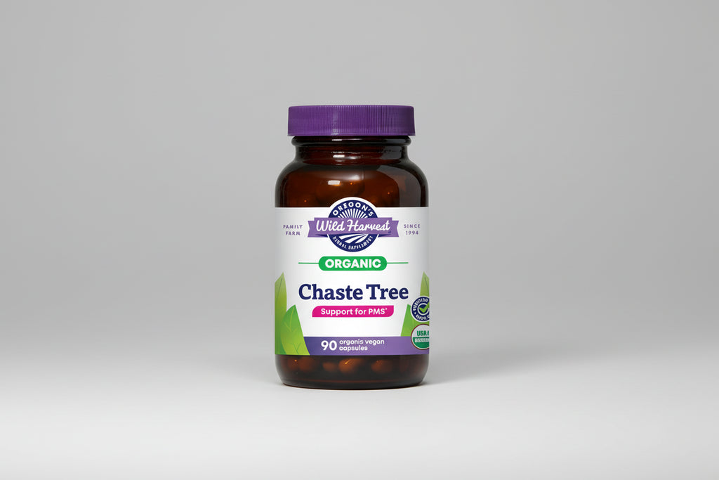 Vitamin supplement bottle labeled 'Oregon's Wild Harvest Organic Chaste Tree' on a white background