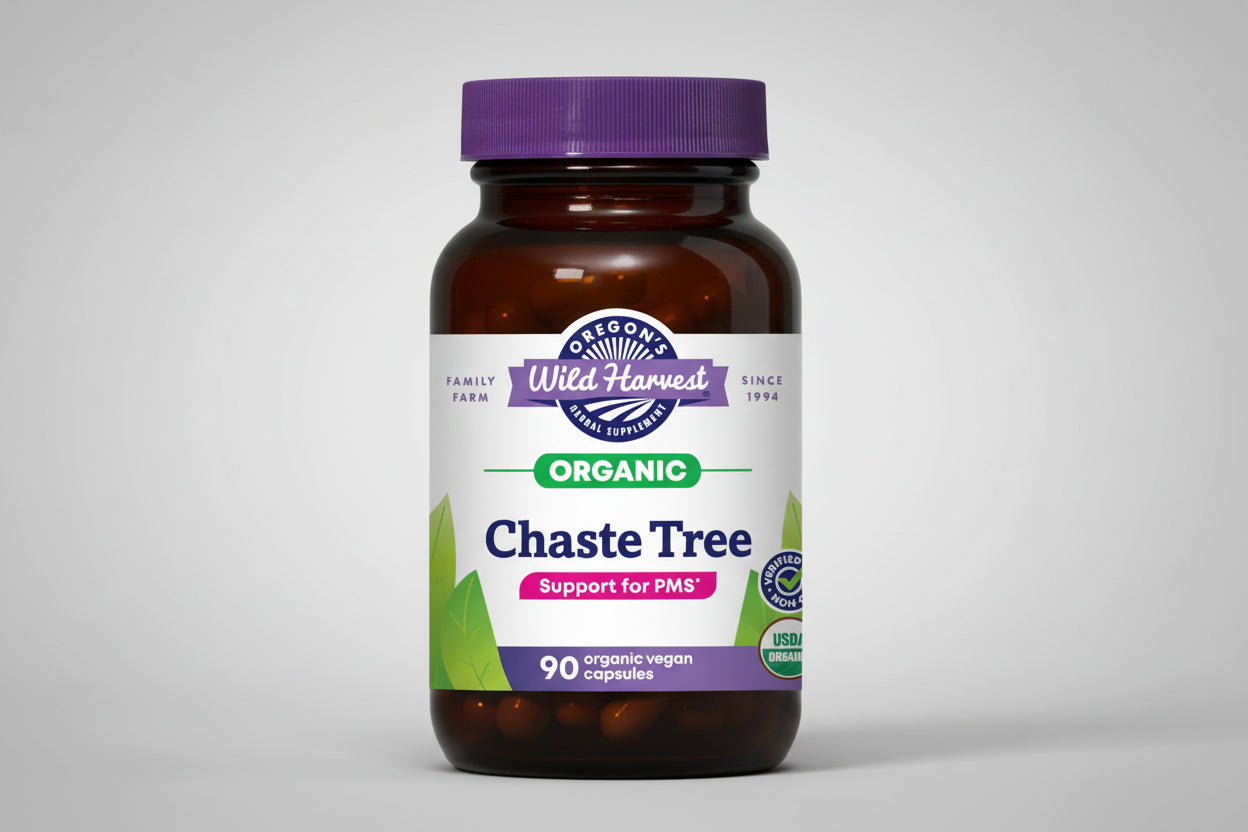 Oregon's Wild Harvest Organic Chaste Tree supplement bottle with purple cap