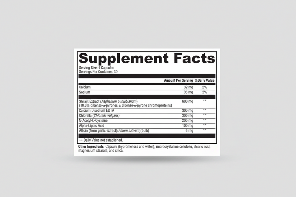 Supplement facts label with detailed nutritional information on a white background