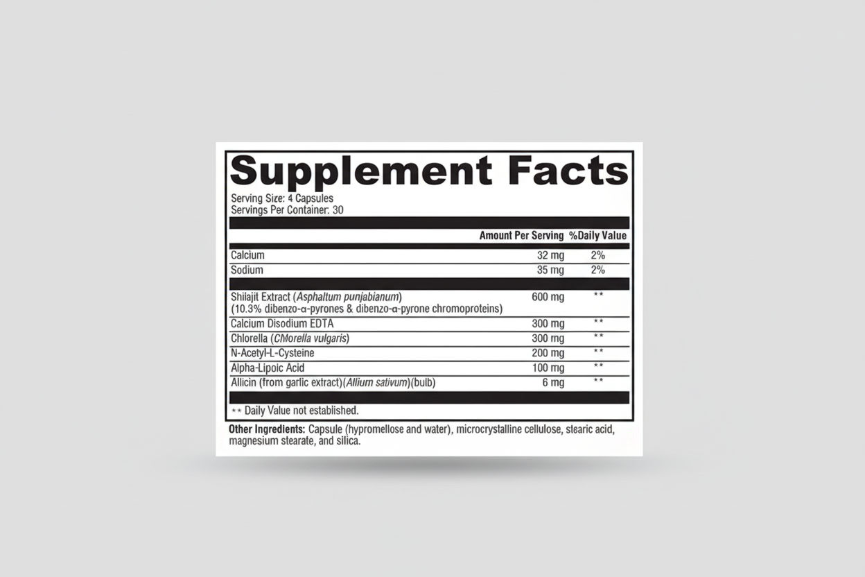 Supplement facts label with detailed nutritional information on a white background