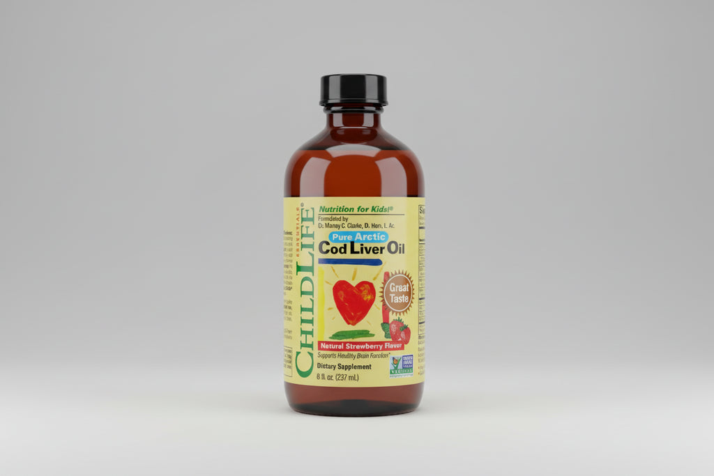 Bottle of ChildLife Pure Arctic Cod Liver Oil with a strawberry flavor on a white background