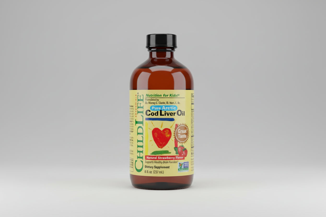 Bottle of ChildLife Pure Arctic Cod Liver Oil with a strawberry flavor on a white background