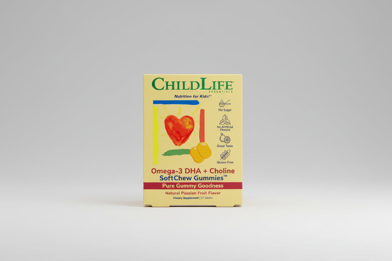 ChildLife Essentials Omega-3 DHA + Choline Soft Chew Gummies packaging on a white background