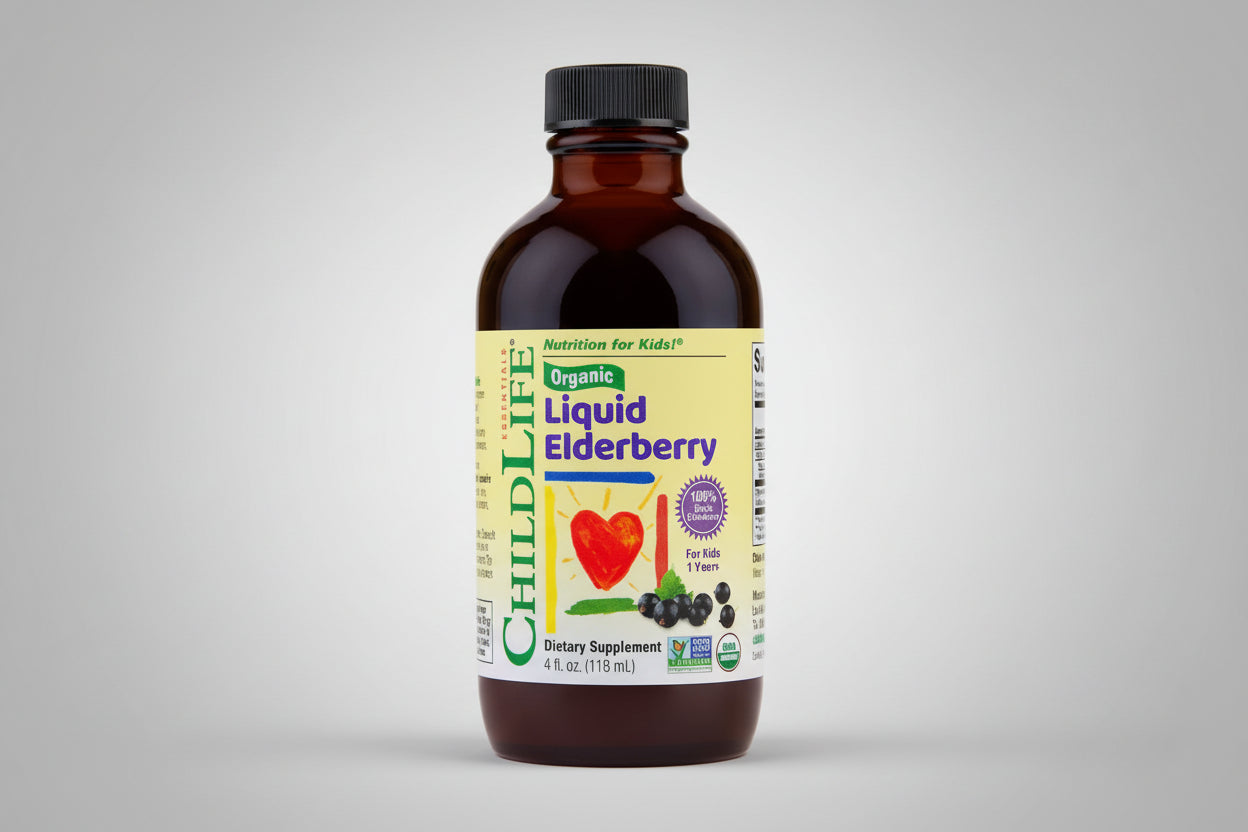Child Life Liquid Elderberry supplement bottle on a white background