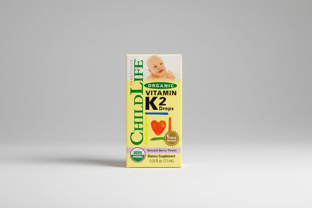 Box of Child Life Organic Vitamin K2 Drops with a baby illustration on a white background