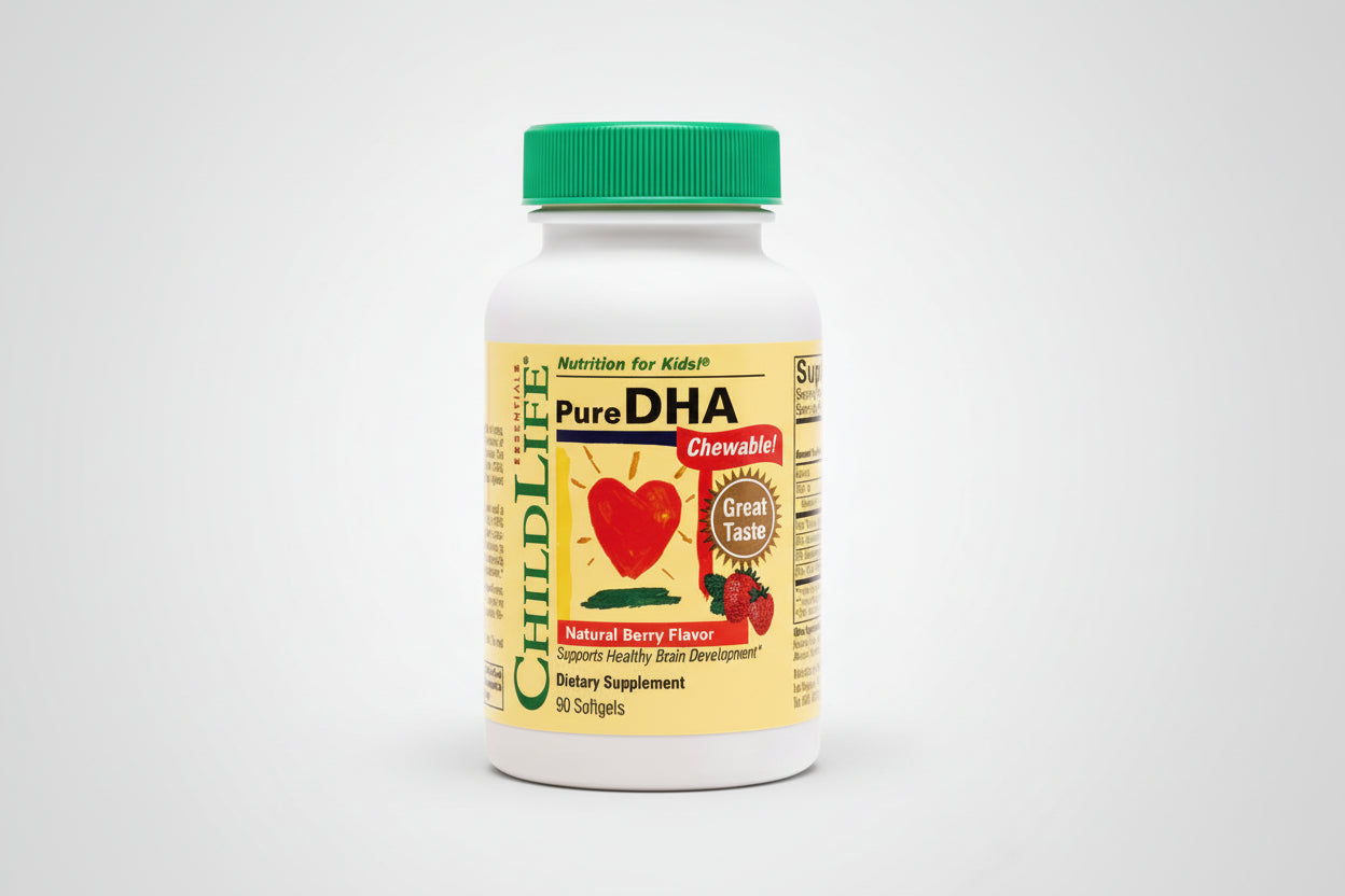 ChildLife Pure DHA chewable supplement bottle on a white background