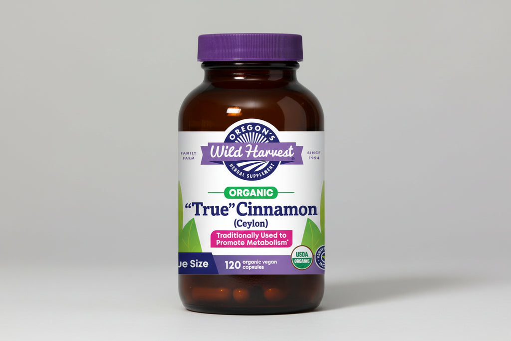 Oregon's Wild Harvest Organic True Cinnamon supplement bottle on a white background