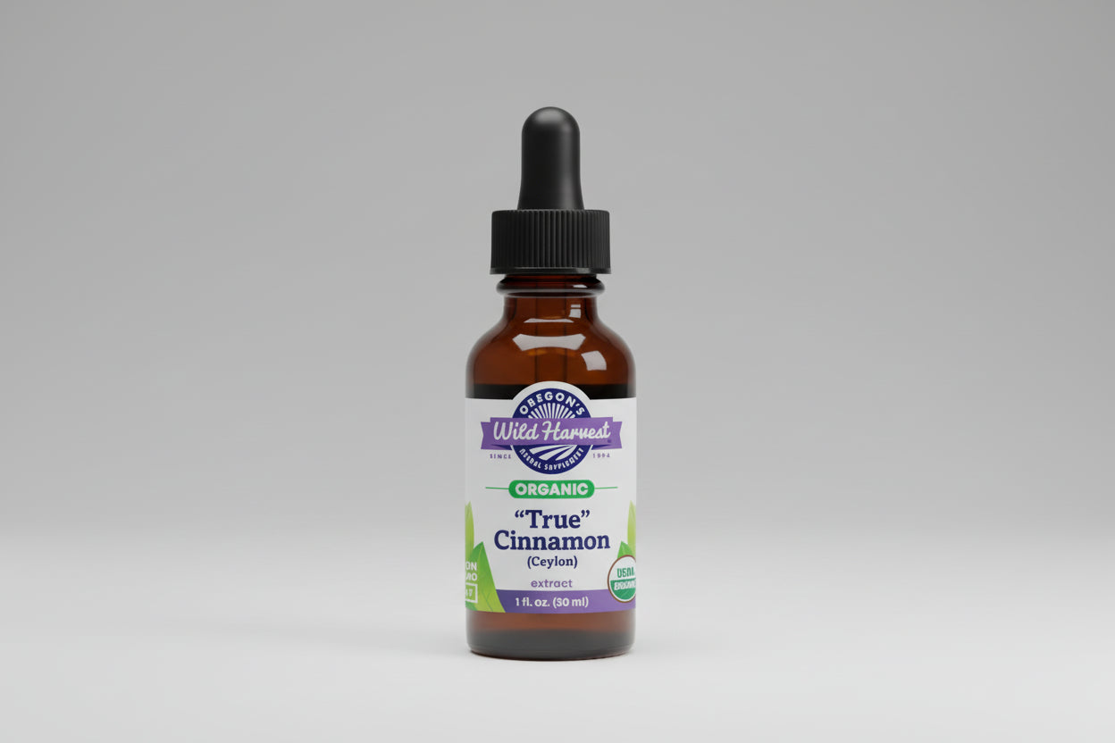 Bottle of Oregon's Wild Harvest True Cinnamon extract on a white background