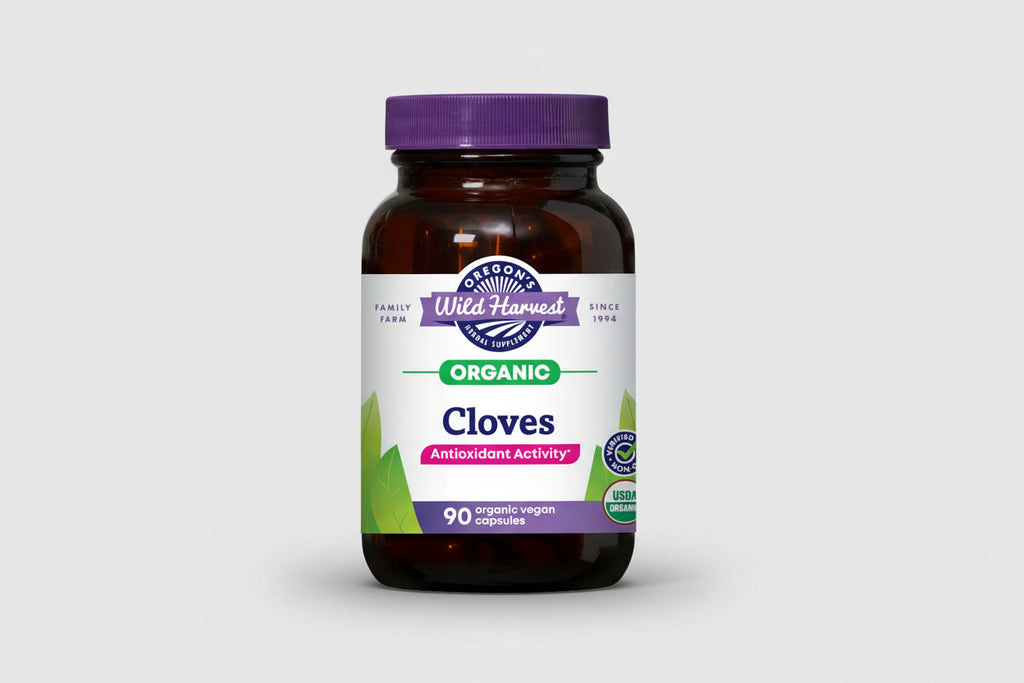 Oregon's Wild Harvest organic cloves supplement bottle with purple cap