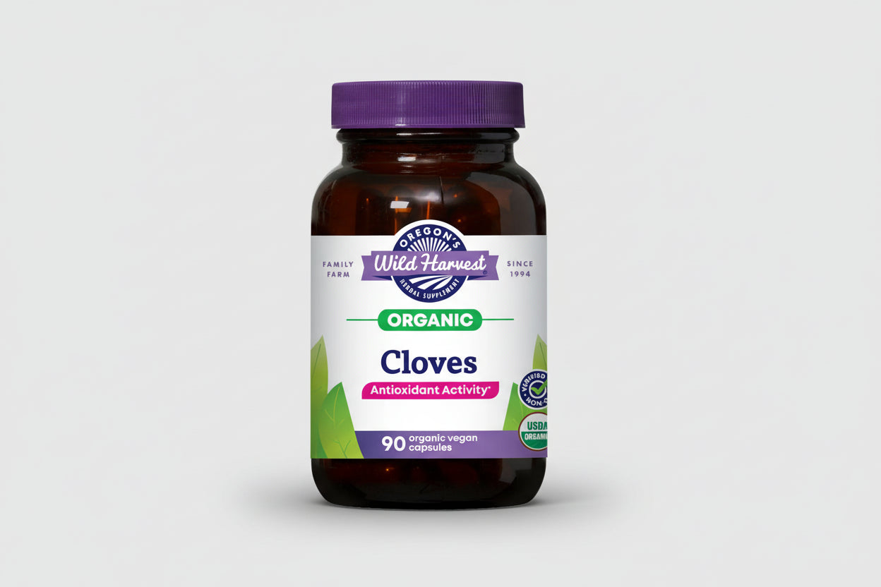 Oregon's Wild Harvest organic cloves supplement bottle with purple cap