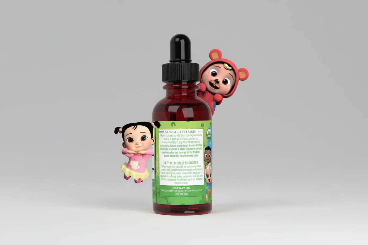 CoComelon probiotic drops with benefits listed on a green background