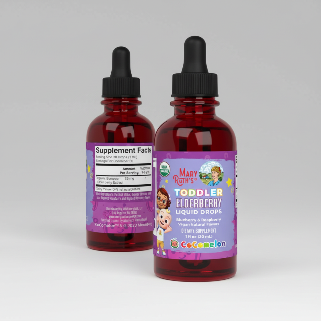 Two bottles of Mary Rith's Toddler Elderberry Liquid Drops with colorful labels on a white background.
